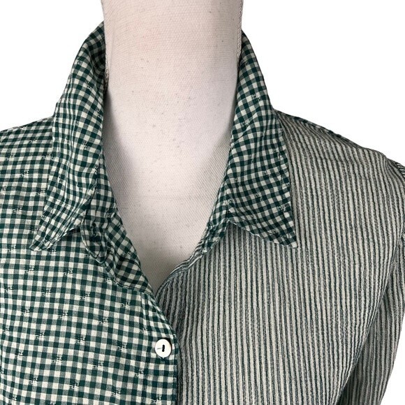 LOGO by Lori Goldstein Green Gingham Striped Ruffled Button Up Long Sleeve Small - Picture 6 of 14